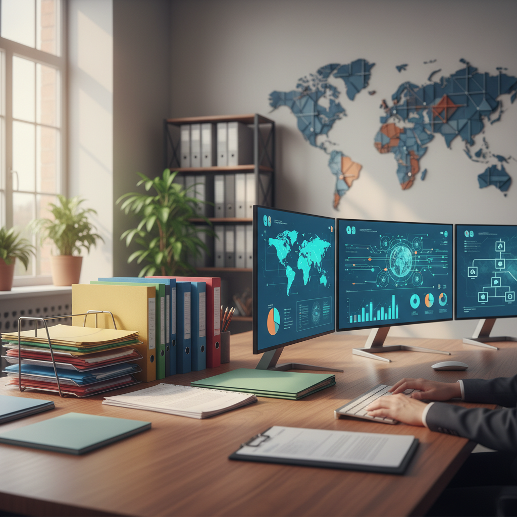 Bureau administratif avec logiciels de conformité pour travailleurs internationaux.