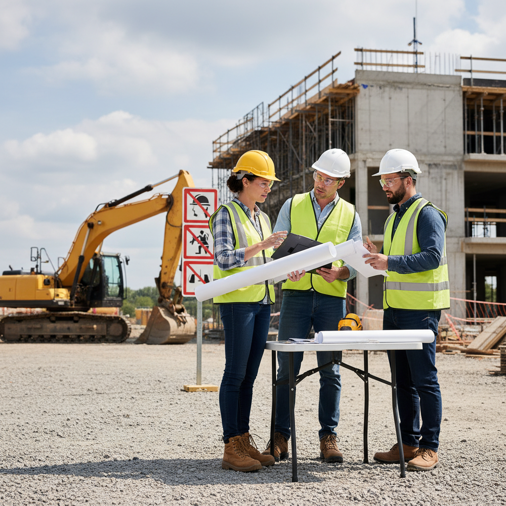 Superviseur vérifiant des documents légaux avec des ouvriers roumains sur un chantier.