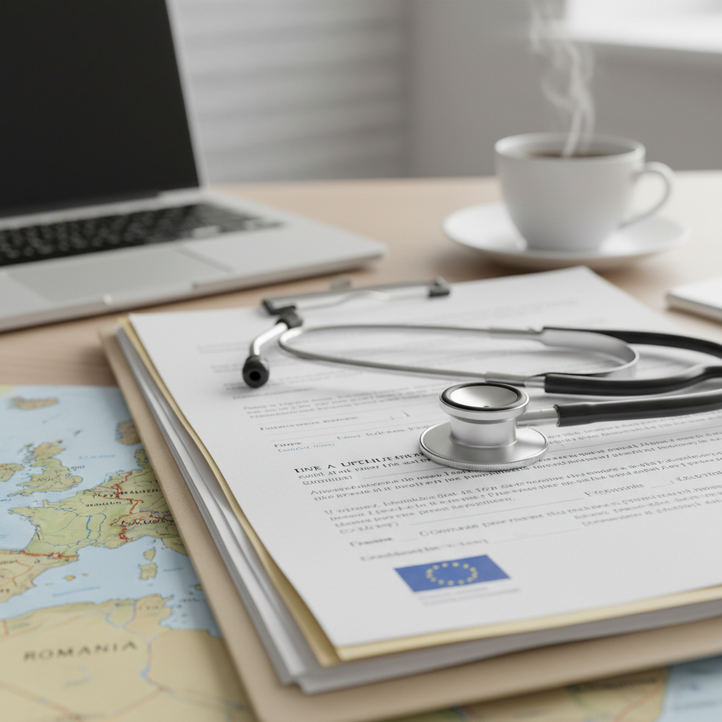 Stéthoscope et documents européens, symbole du détachement médical.